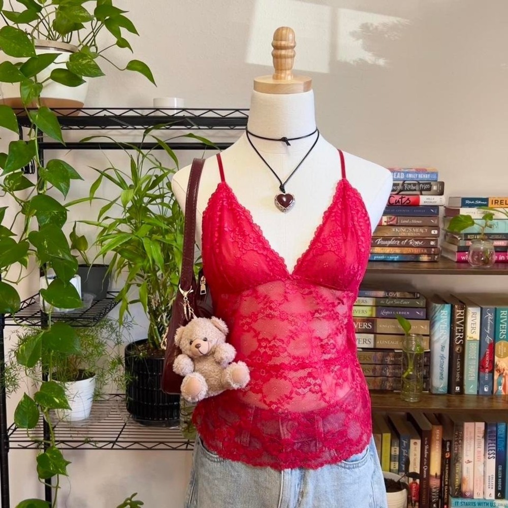 Y2K Red Lace‎ Lingerie Camisole Sexy Sheer Womens Large Fairy Glam